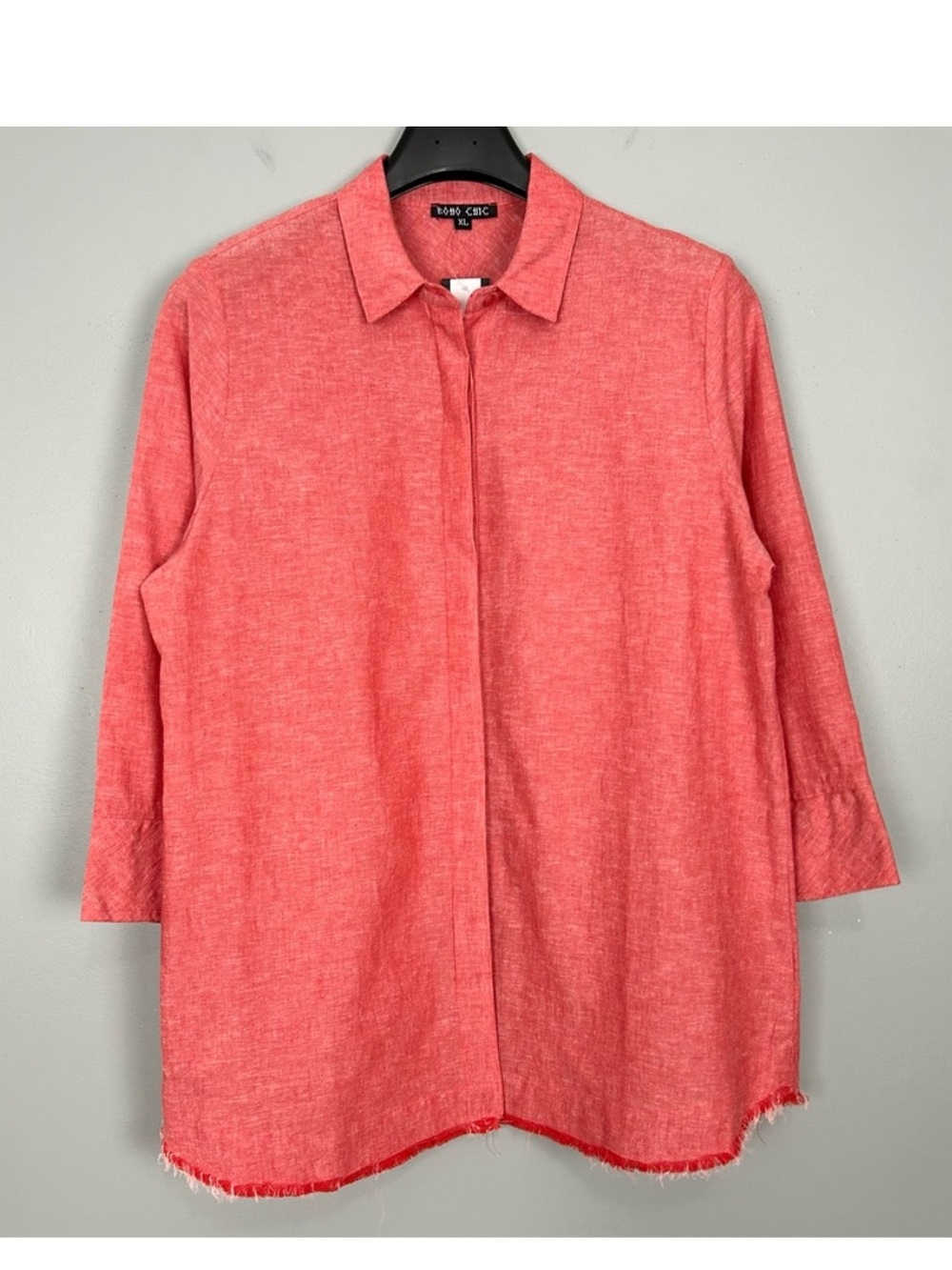 Boho Chic Linen Blend Shirt Women’s Size XL Button Front Natural Fibers Raw Edge